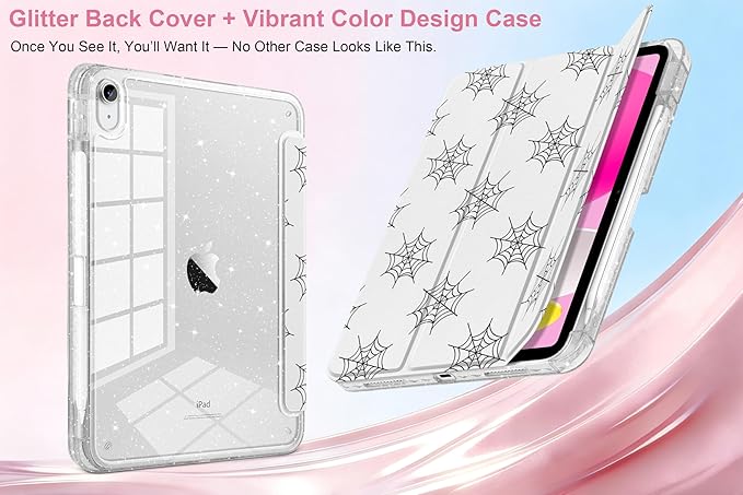MEEgoodo Case for iPad A16 11th Generation 2025/10th Generation 2022 Glitter Tablet Cases with Transparent Acrylic Back+Trifold Stand +Pencil Holder+Auto Wake/SleepSpiderweb Pattern
