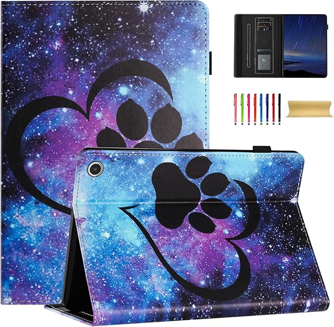 Dteck Case for Amazon Fire HD 10 and Fire HD 10 Plus (11th Generation 2021 Released)Lightweight Premium PU Leather Flip Folio Stand Wallet Case with Card Slots Stylus Loop Elastic BandDog Footprint