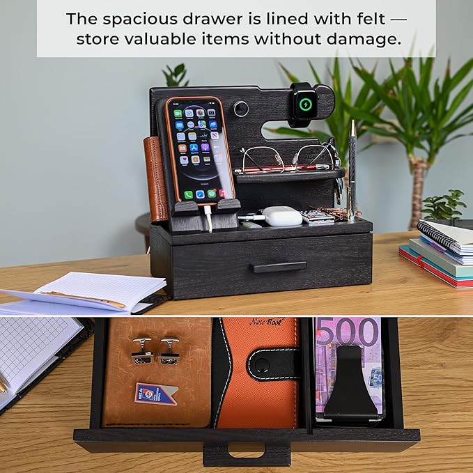 TESLYAR Wood Phone Docking Station with Drawer - Nightstand Organizer - Desk Organizer for Husband - Birthday Gifts for Men Dad Anniversary Idea Key Holder Stand Watch &amp Accessories (Granite Bl