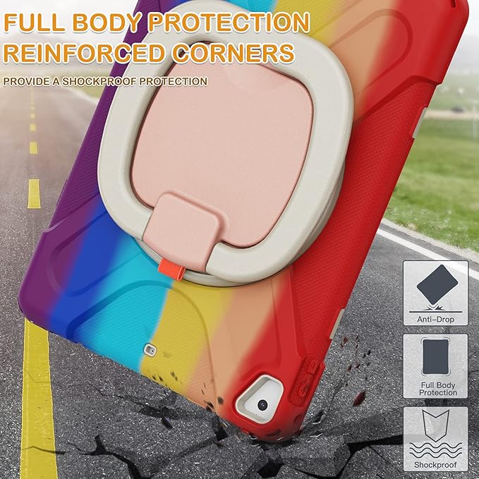 BRAECN Case for 9.7 Inch iPad 5th/6th Gen 2018/2017 Drop Protection Silicone Cover w/Pencil Holder Shoulder Strap Folding Handle Grip Kickstand for Kids Fit for iPad Pro 9.7”/Air 2- Colorful Red