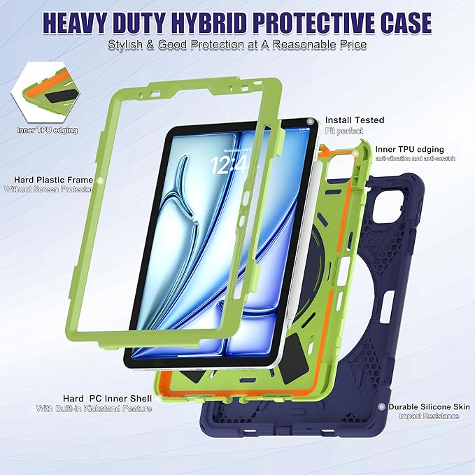 SCSVPN Case for iPad Air 11 Inch M4 2026/M3 2025/M2 2024 iPad Air 10.9'' 5th/4th Gen 2022 2020 iPad Pro 11 4th/3rd/2nd/1st Gen Protective Cover with Pen Holder Stand Shoulder Strap Navy Green