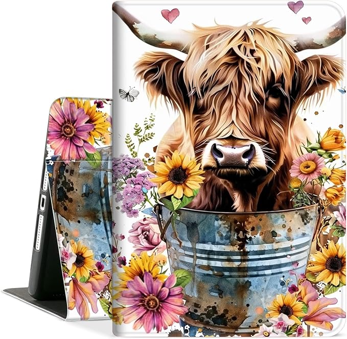 Case for iPad Air (A16) 11-inch 2025 &amp iPad 10th Gen 10.9-inch 2022 Slim Multi-Angle Stand Folio Cover with Auto Wake/Sleep Shockproof PU Leather Lightweight Protective Case Highland Cow Bucket