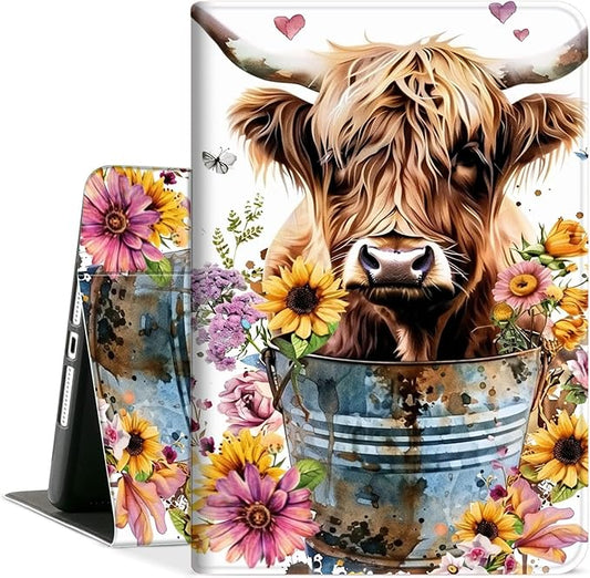 Case for iPad Air (A16) 11-inch 2025 &amp iPad 10th Gen 10.9-inch 2022 Slim Multi-Angle Stand Folio Cover with Auto Wake/Sleep Shockproof PU Leather Lightweight Protective Case Highland Cow Bucket