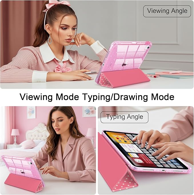 TWOLSKOO Sparkly Case for iPad Pro 11 inch (M5 2025 / M4 2024) Glitter Hard Acrylic Back with Pencil Holder Slim Trifold Stand Folio Cover Auto Sleep/Wake Rose Polka Dot