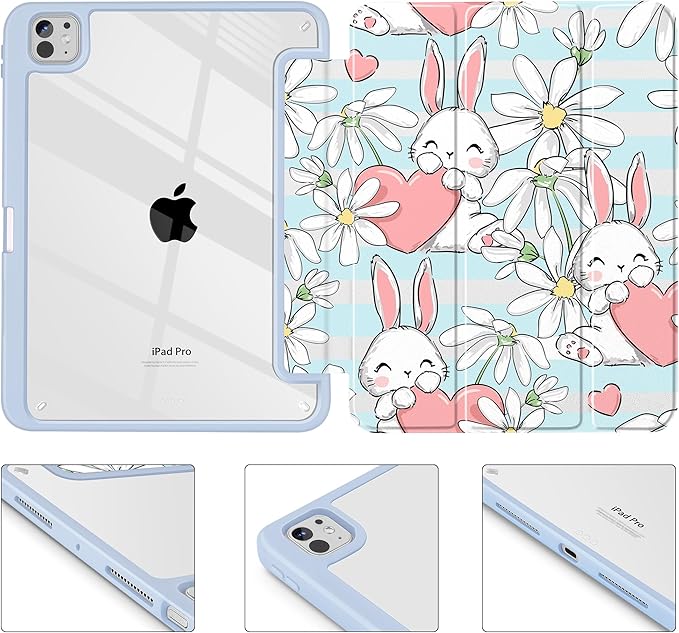 May Chen Case for iPad Pro 11-Inch M5/M4 2025/2024 (6th/5th Generation) [Penceil Holder] Trifold Stand Auto Wake/Sleep Clear TPU Protection Back Cover Heart Rabbits
