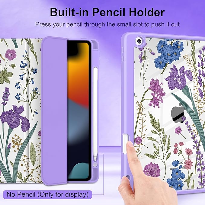 DONGKE for iPad 9th/8th/7th Generation Case 10.2 Inch (2021/2020/2019) [Auto Sleep/Wake &amp Pencil Holder] Clear Acrylic Back Trifold Stand Cover Purple Botanical Wildflower