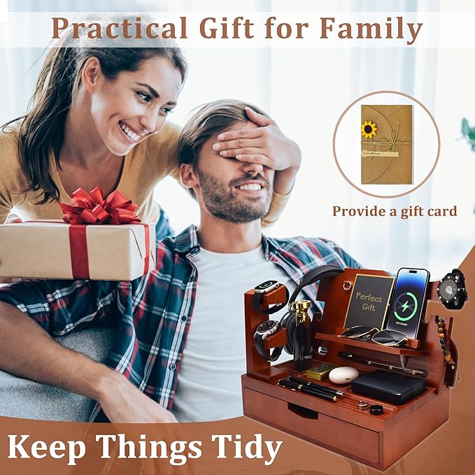 Nightstand Organizer for Men with Large Drawer Wood Phone Docking Station for Phone Apple Watch Wallet &amp Keys Ideal Birthday Gift for Father Husband Bedside Desk Organizer (Walnut)