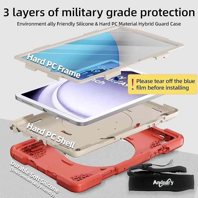 Case for Samsung Galaxy Tab A9+/A9 Plus Case 11 Inch with Screen Protector/360° Rotating Stand/Pen Holder/Shoulder Strap Shockproof Cover for Tablet A9+ 5g (Orange)