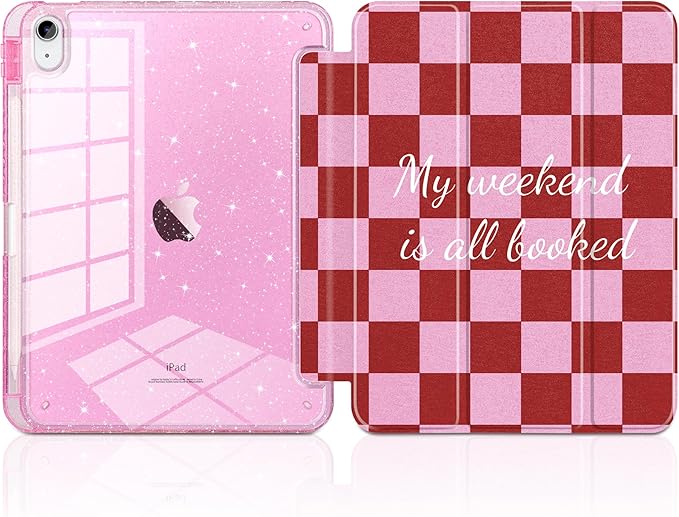 TWOLSKOO Sparkly Case for iPad Pro 11 inch (M5 2025 / M4 2024) Glitter Hard Acrylic Back with Pencil Holder Slim Trifold Stand Folio Cover Auto Sleep/Wake Red Checkerboard