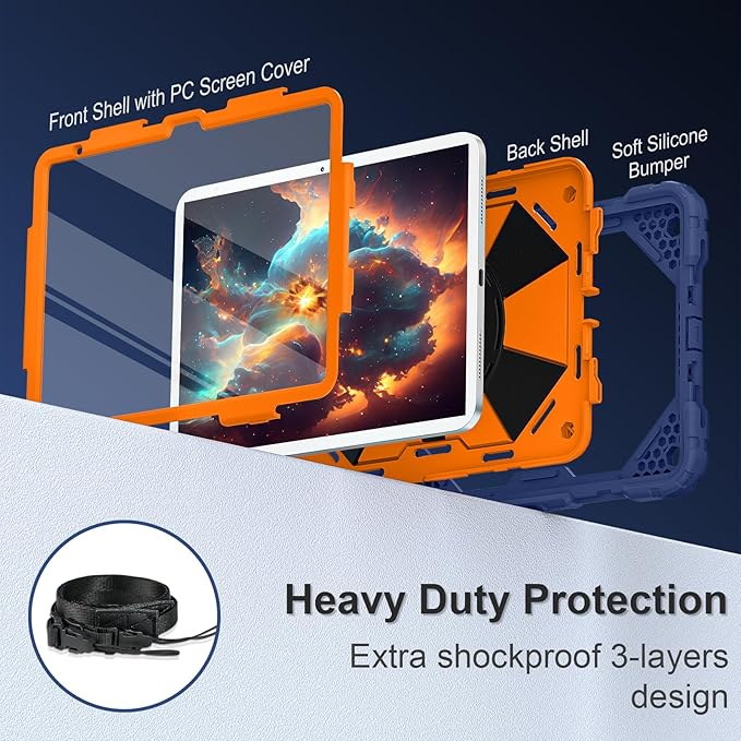 Case for iPad (A16) 11th Generation 11 Inch (2025) / iPad 10th Generation Case 10.9 Inch (2022) with 360° Rotating Stand Screen Protector Pen Holder Shoulder Strap Navy Orange
