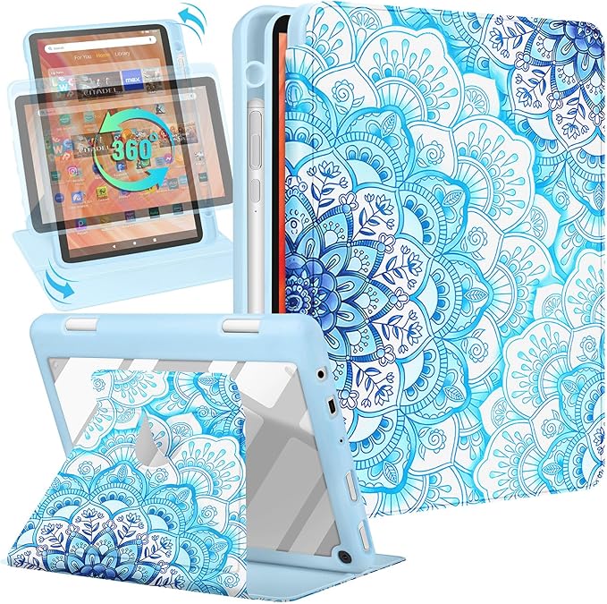 Kidcube for Kindle Fire HD 10/10 Plus Tablet Case - 13th/11th Generation (2023/2021) 10.1 Women Girls Cute Girly Design Unique Rotating Stand Pencil Holder Folio Cases for Amazon Fire HD 10/10 Plus