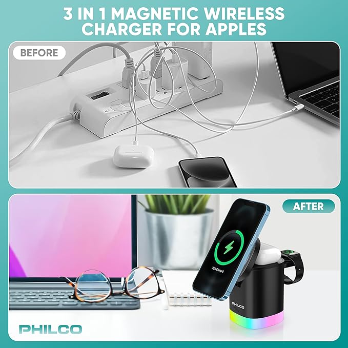 Philco 3-in-1 Magnetic Wireless Charging Station15W Fast Charging for Magsafe iPhone 11/12/13/14/15/16 Apple Watch &amp AirPods Compact and Foldable Design with USB-C Port RGB Color Changing Ligh