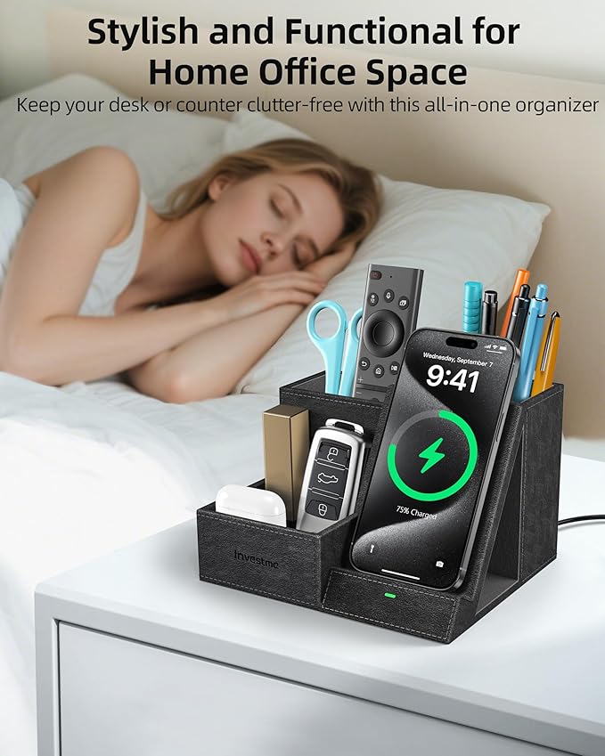 Wireless Charger with Desk Organizer Pen Pencil Holder Multifunctional Desktop Organizer Office Supplies and Desk Accessories Organizer with 3 Compartments and 1 Phone Stand PU Black