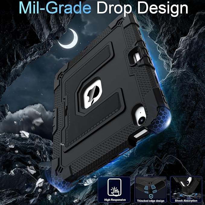 for iPad Air 11 Inch M4/M3 (2026/2025) / M2 (2024) iPad Air 5th (2022) / 4th Generation (2020) 10.9 InchMilitary Grade Shockproof iPad Case Air 11 Inch with Pencil Holder Black
