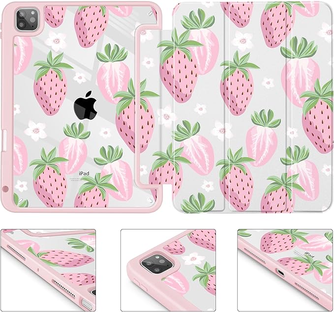 May Chen for iPad Pro 11 inch M2 4th Generation 2022 iPad Pro 11 3rd/2nd/1st Gen Built-in Pencil Holder with Shockproof Cover Clear Transparent Back Shell Auto Wake/Sleep Strawberries