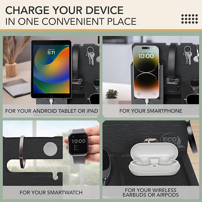 Nightstand Organizer- Bedside Docking Station for Men- Unique Gifts for Husband Father or Dad from Wife Son or Daughter- Desk Organizer for Phone Watches Wallet &amp Accessories (Black)