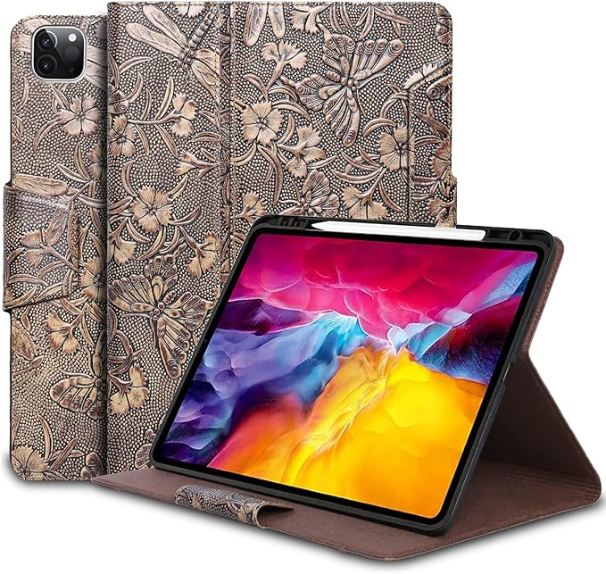 Gexmil Case for iPad Pro 11 Inch4th/3rd/2nd/1st Generation(2022/2021/2020/2018) Genuine Leather Cover with Pencil HolderCowhide Folio CoverAuto Sleep/Wake Anti SlipButterfly Pattern
