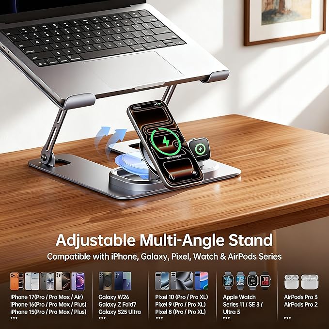 Adjustable Laptop Stand with Wireless Charger 3-in-1 Charging Station for Phone and Watch Ergonomic Aluminum Notebook Riser with LED Light 25W Qi2 Fast Charging (Silvery)