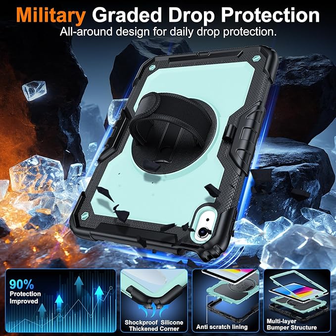 Case for iPad (A16) 11th Generation 11 Inch (2025) Ubearkk for iPad 10th Generation 10.9 inch 2022 case with Screen Protector 360 Degree Rotating Stand/Shoulder Strap/Pencil Holder Brightblue