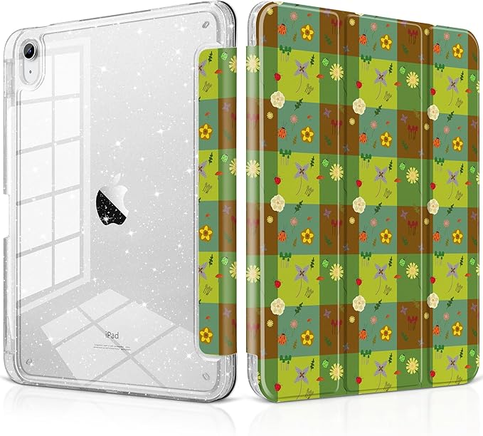 MEEgoodo Case for iPad A16 11th Generation 2025/10th Generation 2022 Glitter Tablet Cases with Transparent Acrylic Back+Trifold Stand +Pencil Holder+Auto Wake/SleepGreen Checkered &amp Nature Patte