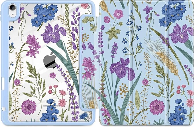 DONGKE Case for iPad Air 11-inch M4 2026 &amp M3 2025 &amp M2 2024 iPad Air 5th/4th Gen 10.9 2022/2020 [Built-in Pencil Holder] Clear Acrylic Back Trifold Stand Smart Cover Blue Botanical Wildfl
