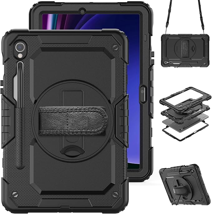 Case for Samsung Galaxy Tab S10+ / S9 FE+ Plus / S9+ Plus 12.4 Inch with Screen Protector Hand Strap Shoulder Strap 360 Rotating Stand and Pen Holder - Black