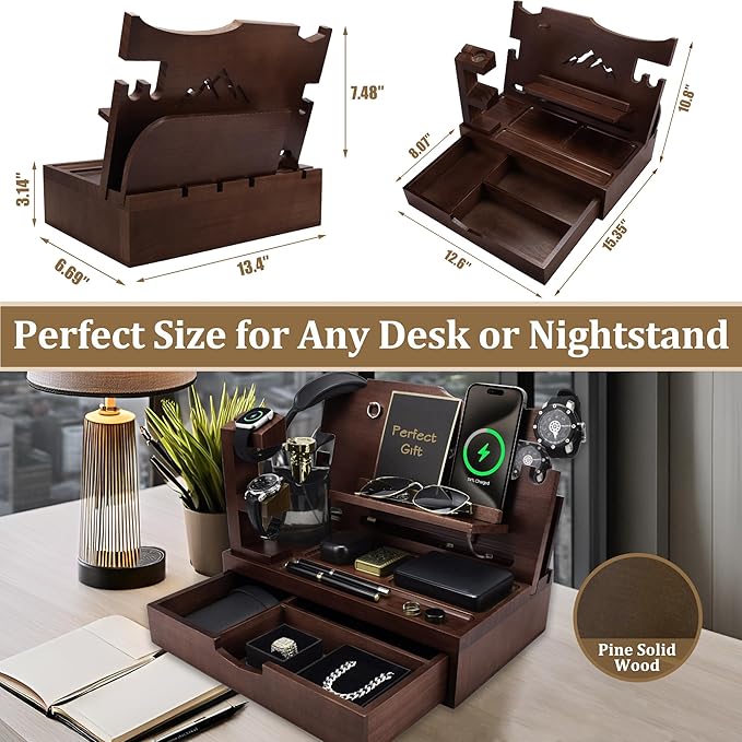 Nightstand Organizer for Men with Large Drawer Wood Phone Docking Station for Phone Apple Watch Wallet &amp Keys Ideal Birthday Gift for Father Husband Bedside Desk Organizer (Espresso)