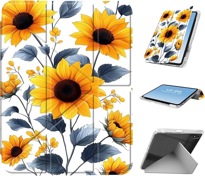 for iPad mini 7 A17 Pro 2024/iPad Mini 6 2021 Case with Pencil HolderFoldable Y-Shaped CoverStylish Clear Multi-Angle Viewing&ampAuto Sleep/Wake Sunflower Blue Leaves Tablet Case