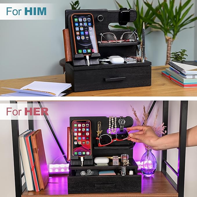 TESLYAR Wood Phone Docking Station with Drawer - Nightstand Organizer - Desk Organizer for Husband - Birthday Gifts for Men Dad Anniversary Idea Key Holder Stand Watch &amp Accessories (Fumed Blac
