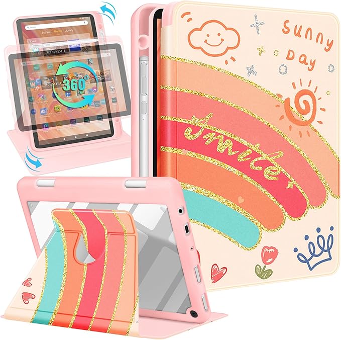 Kidcube for Kindle Fire HD 10/10 Plus Tablet Case - 13th/11th Generation (2023/2021) 10.1 Women Girls Cute Rainbow Pretty Design Rotating Stand Pencil Holder Folio Cases for Amazon Fire HD 10/10 Plus