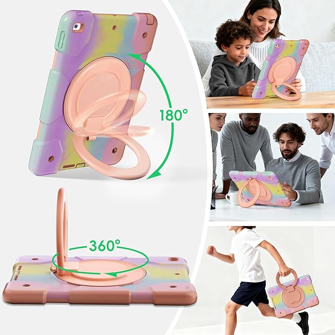 Case for iPad 9th/8th/7th Generation 10.2 inch Shockproof Cover with Screen Protector/360° Rotating Handle/Bracket/Pen Holder/Shoulder Strap Kids Case for iPad 2021/2020/2019 (Colorful Pink)