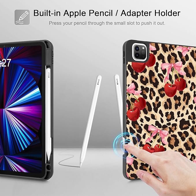 May Chen Case for iPad Pro 11 inch (4th 3rd 2nd &amp 1st Gen) 2022 2021 2020 2018 Trifold Stand + Pencil Holder + Auto Wake/Sleep + Soft TPU Protective Stand Back Cover Cherry &amp Cheetah