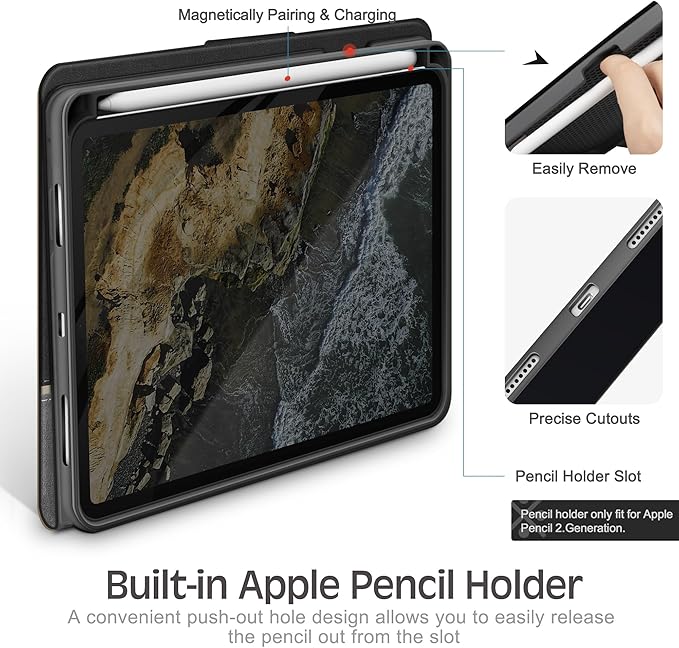 KingBlanc Case for iPad mini 7 (A17 Pro) iPad mini 7th/6th Generation (2024/2021 8.3 inch) with Pencil Holder Vegan Leather Stand Cover Auto Sleep/Wake Adjustable Viewing/Drawing Angle Black