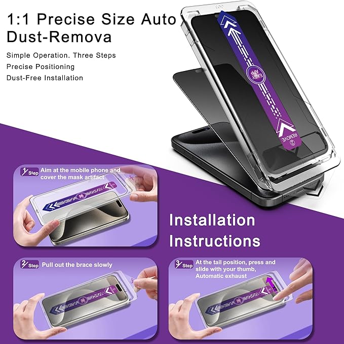 2 Pack Matte Privacy Screen Protector for iPhone 15 Pro 9H Tempered Glass Full Coverage Anti-Fingerprint Auto Dust-Elimination No Bubble Easy Installation