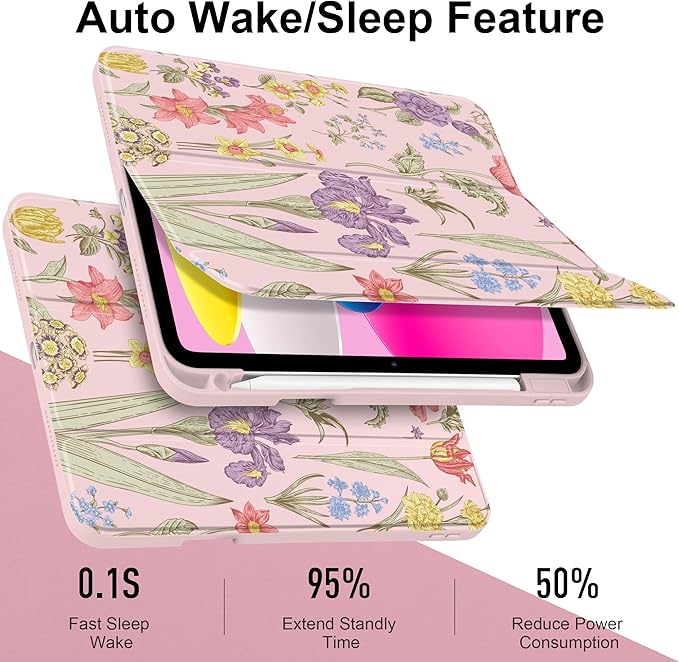 DONGKE Case for iPad (A16) 11th Generation 11 inch 2025 &amp iPad 10th Gen 10.9 inch 2022 [Built-in Pencil Holder] Clear Acrylic Back Trifold Stand Smart Cover Auto Sleep/Wake Pink Botanical Flora