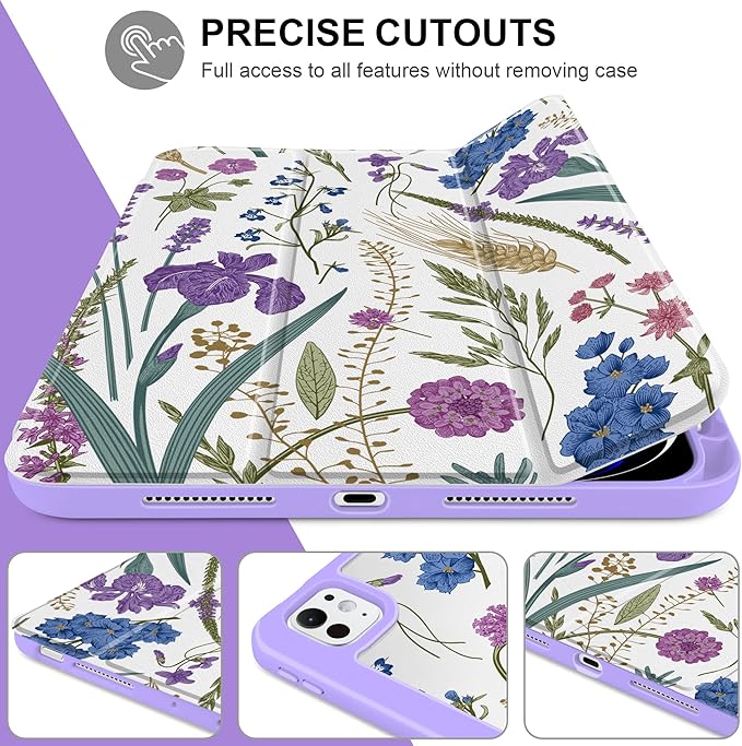 DONGKE for iPad Pro 11-Inch Case (M5 2025 / M4 2024) 6th/5th Generation [Auto Sleep/Wake &amp Pencil Pro Holder] Clear Acrylic Back Smart Trifold Stand Cover Purple Botanical Wildflower
