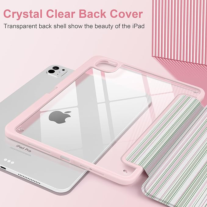TWOLSKOO Case for iPad Pro 11-inch (M5 2025 / M4 2024) Clear Acrylic Back with TPU Bumper Pencil Holder Trifold Stand Auto Sleep/Wake Pastel Stripes