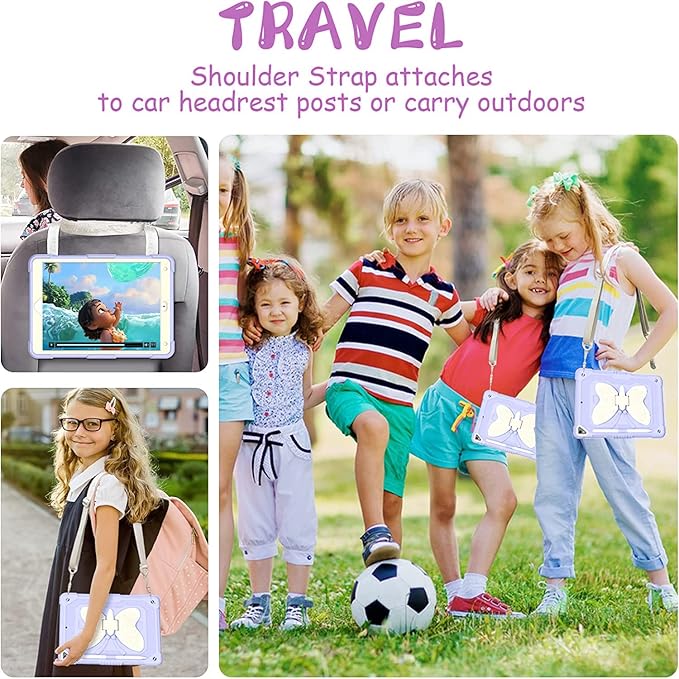 Ambison Case for iPad 9th/8th/7th Generation 10.2 inch with Glass Screen ProtectorRugged Shockproof Protective Cover for Kids Girls Butterfly StandShoulder Strap for iPad 2021/2020/2019-Purple