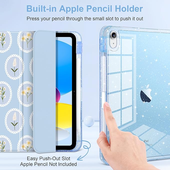 MEEgoodo Case for iPad A16 11th Generation 2025/10th Generation 2022 Glitter Tablet Cases with Transparent Acrylic Back+Trifold Stand +Pencil Holder+Auto Wake/SleepSpring Floral &amp Round Frame