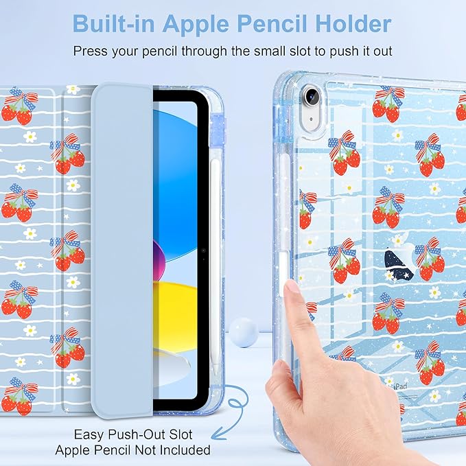 MEEgoodo Case for iPad A16 11th Generation 2025/10th Generation 2022 Glitter Tablet Cases with Transparent Acrylic Back+Trifold Stand +Pencil Holder+Auto Wake/SleepRibbon Bow &amp Girly Stripes