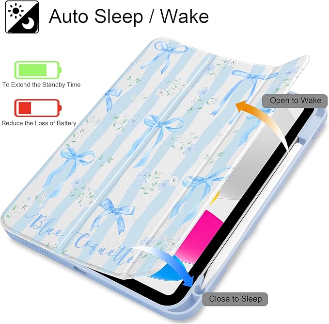 May Chen Case for iPad Air 13 Inch M4 2026 M3 2025 M2 2024 [Built-in Pencil Holder] Shockproof Cover with Clear Transparent Back Shell Auto Sleep/Wake Cover Flower Blue Waves