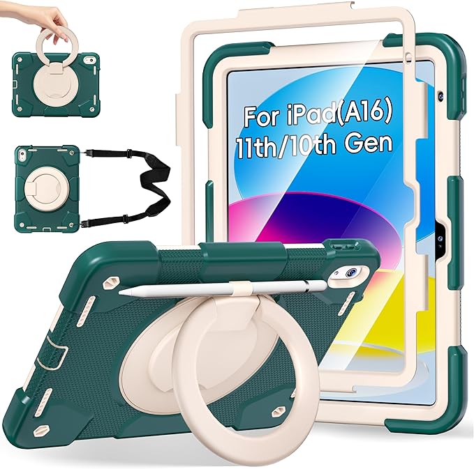 Case for iPad (A16) 11th /10th Generation 11/10.9 Inch 2025/2022 with Screen Protector/360° Rotate Stand/Shoulder Strap/Pencil Holder Shockproof iPad 11th/10th Gen Cover (Green+White)