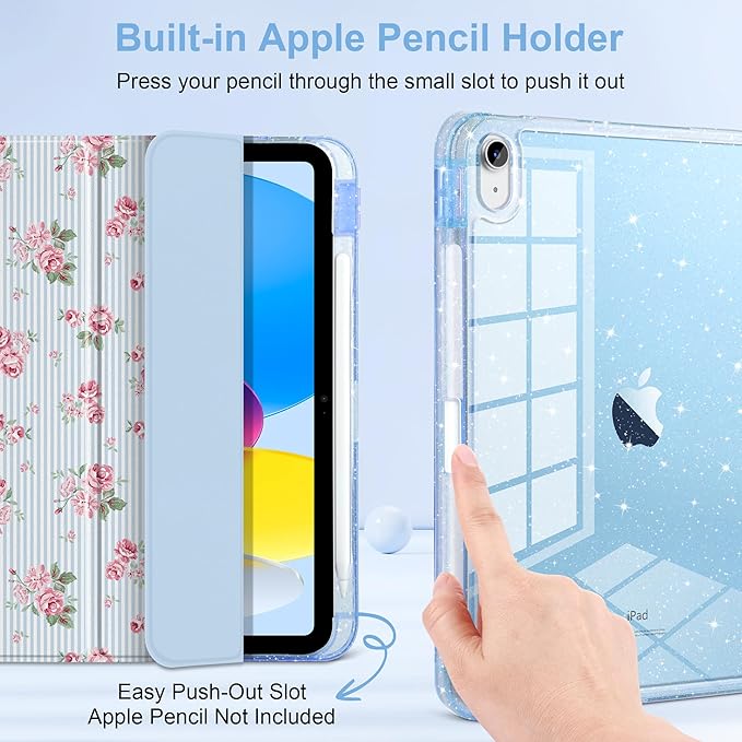 DONGKE for iPad Case 9th/8th/7th Generation 10.2 Inch (2021/2020/2019) Shockproof Glitter Acrylic Back with Trifold Stand Pencil Holder &amp Auto Sleep/Wake - Tiny Roses