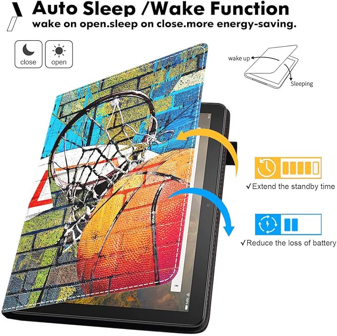 Case for Amazon Kindle Fire HD 10 Tablet 10.1 (9th/7th Generation 2019/2017 Release) Premium PU Leather Stand Cover with Smart Auto Wake Basketball Art Print