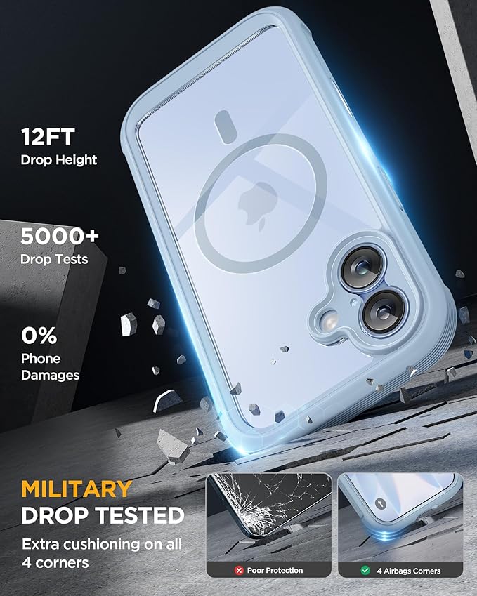 Miracase for iPhone 17 Case 6.3'' Full-Body Military Grade Drop Protection Outdoor Phone case with Built-in Glass Screen &ampCamera ControlEasy InstallationNo GapCompatible with MagSafeLight Blu