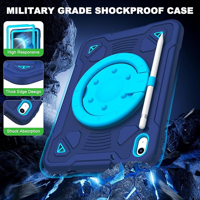 Case for iPad (A16) 11th Generation 11 Inch 2025/iPad 10th Generation 10.9 Inch 2022 with Screen Protector &amp 360°Rotating Stand &amp Shoulder Strap Full Body Heavy Duty Protective Cover Case(Nav