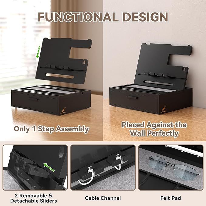 Pezin &amp Hulin Wooden Charging Station Bedside Nightstand Tray with Spacious Drawer Felt Pads for Phones Watch Idea Gifts for Him Birthday Son Christmas for Papa Fathers Day
