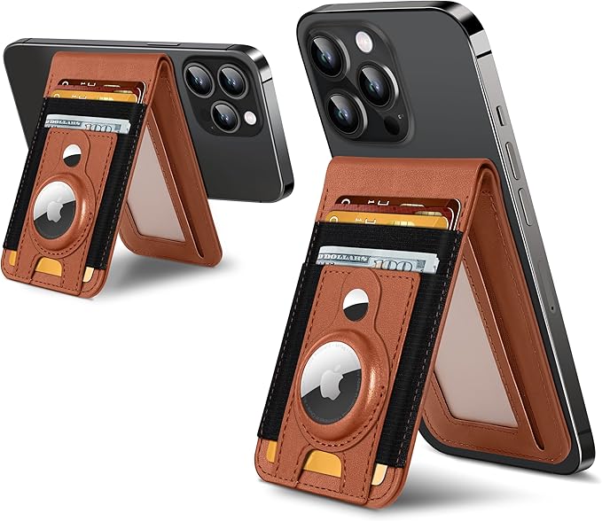for Magsafe Wallet Stand with Airtag Holder Strongest Magnetic Wallet for iPhone 17/16/15/14/13/12 Series ID Window 4 Card Slots 10 Cards Holder Vegan Leather RFID Blocking Brown