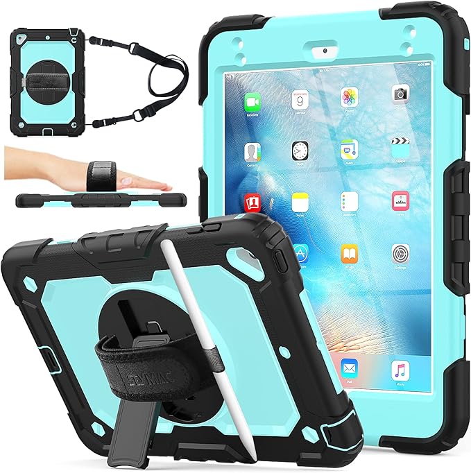 SEYMAC stock Case for iPad mini 5/4 with Screen Protector Pencil Holder [360 Rotating Hand Strap] &amp Stand Drop-Proof Case for iPad mini 5th/4th Generation 7.9 inch (SkyBlue+Black)