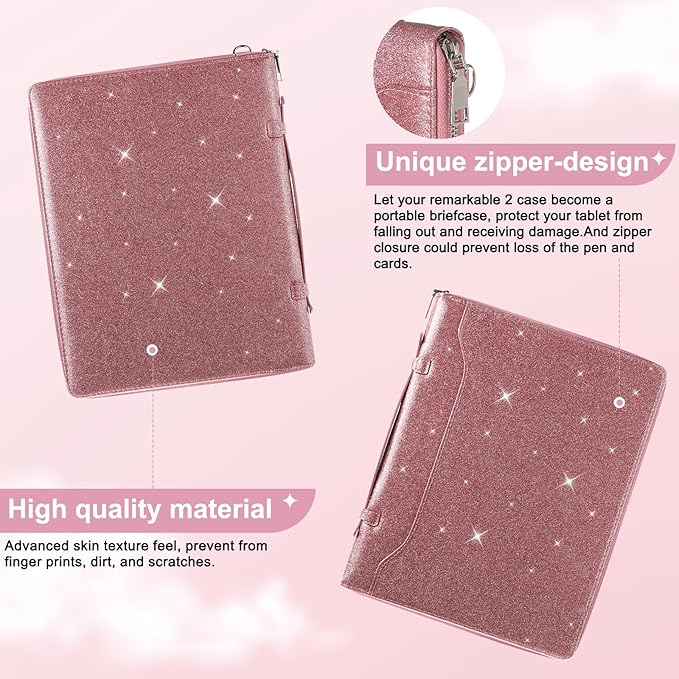 E NET-CASE Glittering PU Leather Case for Remarkable 2 Tablet 10.3 inch (2020 Released) Business Handheld Design Cover for Remarkable 2 Digital Paper with Zipper &amp Pen Holder (Starry Night Pink)